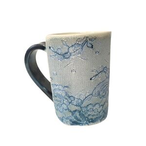 Handmade ceramic mug with teal floral lace print